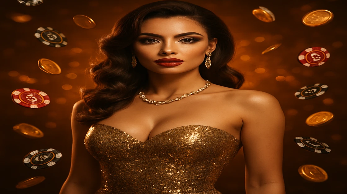 DK4444 গেমিং প্ল্যাটফর্মে ঝলমলে সোনালি পোশাকে এক গ্ল্যামারাস নারী বিলাসবহুল জয়লাভের অভিজ্ঞতাকে প্রতিনিধিত্ব করেন, তার চারপাশে চকচকে সোনা-কয়েন ও চিপের বর্ষণ ছড়িয়ে রয়েছে।