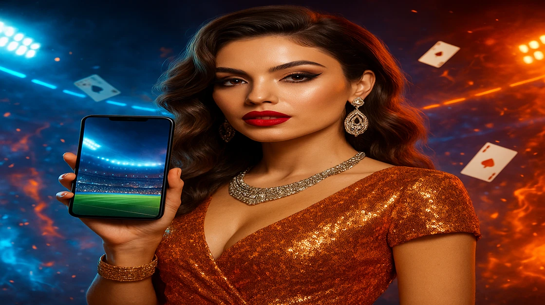 একটি সুন্দর নারী একটি ফোন ধরে DK4444 অ্যাপটি দেখাচ্ছে; স্ক্রিনে স্টেডিয়াম দেখা যাচ্ছে, চারপাশে উড়ন্ত প্লে কার্ড জ্বলন্ত আবহাওয়ায় ঘিরে রয়েছে।