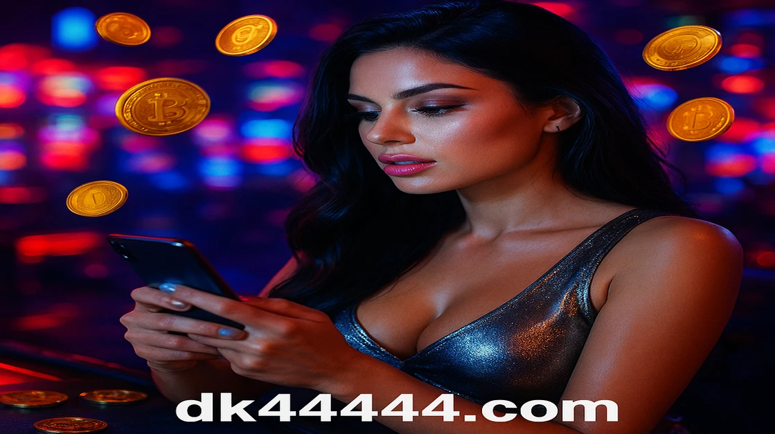 একজন নারী DK4444 ক্রিপ্টো-গেমিং প্ল্যাটফর্মে লগইন করতে একটি স্মার্টফোন ধরে আছেন, তাঁর চারদিকে জ্বলন্ত বিটকয়েন মুদ্রা ও একটি ভবিষ্যৎ-সমৃদ্ধ গেমিং প্ল্যাটফর্ম পরিবেশ ছড়িয়ে রয়েছে।